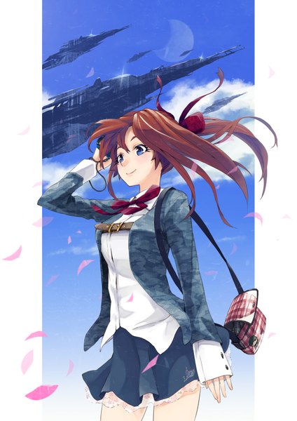 Anime picture 1170x1657 with risou (maeda risou) single long hair tall image blush blue eyes smile brown hair sky cloud (clouds) wind girl uniform school uniform petals bag aircraft airship