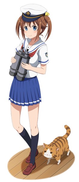 Anime picture 2312x5264 with high school fleet misaki akeno isoroku (haifuri) shira-nyoro tall image looking at viewer blush highres short hair blue eyes simple background smile brown hair standing white background twintails payot full body bent knee (knees) from above