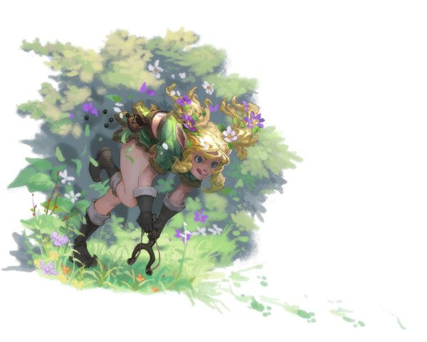 Anime picture 1280x1028 with original loped (pixiv) single long hair blue eyes blonde hair pointy ears elf girl gloves flower (flowers) plant (plants) tongue slingshot