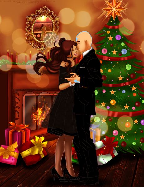 Anime picture 1280x1663 with avatar: the last airbender nickelodeon katara aang selinmarsou (artist) long hair tall image smile brown hair standing holding ponytail eyes closed tattoo alternate costume couple hug christmas framed kiss