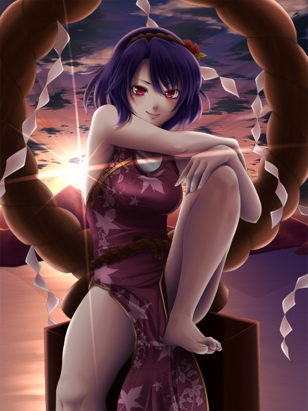 Anime picture 900x1200 with touhou yasaka kanako mochi.f single tall image looking at viewer short hair red eyes sky purple hair cloud (clouds) barefoot sunlight bare legs evening chinese clothes sunset girl hairband chinese dress