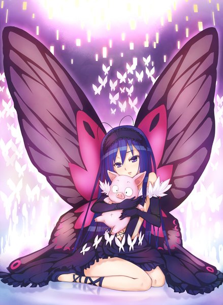 Anime picture 732x1000 with accel world sunrise (studio) kuroyukihime arita haruyuki kawagoe pochi long hair tall image fringe hair between eyes sitting purple eyes bare shoulders purple hair ahoge parted lips looking down insect wings butterfly wings girl dress