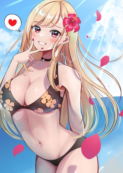Anime picture 2328x3280 with sono bisque doll wa koi wo suru cloverworks kitagawa marin materu (2532) single long hair tall image looking at viewer blush fringe highres breasts light erotic blonde hair smile large breasts standing signed sky cloud (clouds)