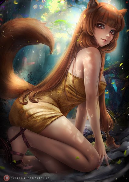 Anime picture 3532x5000 with tate no yuusha no nariagari kinema citrus raphtalia axsen single long hair tall image looking at viewer fringe highres breasts light erotic red eyes brown hair large breasts signed animal ears absurdres bent knee (knees) outdoors