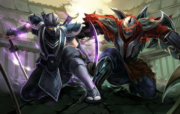 Anime picture 2266x1438 with league of legends shen (league of legends) zed (league of legends) gu-ko citemer highres red eyes yellow eyes boy weapon sword armor katana mask helmet ninja