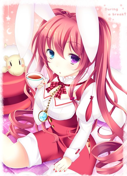 Anime picture 1050x1451 with original ajiriko single long hair tall image looking at viewer fringe breasts sitting twintails holding animal ears ahoge red hair nail polish fingernails bunny ears heterochromia drill hair girl