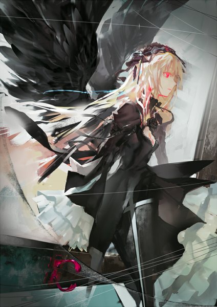 Anime picture 707x1000 with rozen maiden suigintou aituoku single long hair tall image blonde hair red eyes looking away black wings lolita fashion goth-loli girl dress flower (flowers) ribbon (ribbons) wings frills headdress rose (roses)