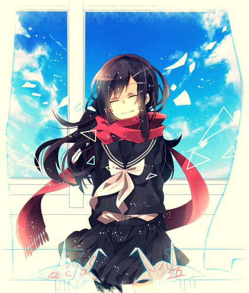 Anime picture 1200x1411 with kagerou project vocaloid shaft (studio) toumei answer (vocaloid) tateyama ayano single long hair tall image black hair eyes closed light smile girl serafuku window scarf