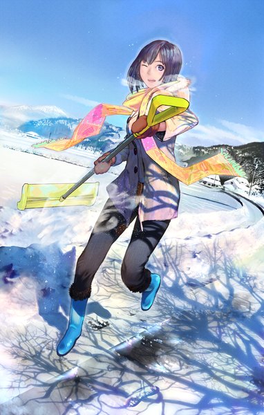 Anime picture 1000x1568 with original zunga single tall image short hair black hair one eye closed wink shadow dutch angle snowing winter snow exhalation steam girl scarf winter clothes shovel