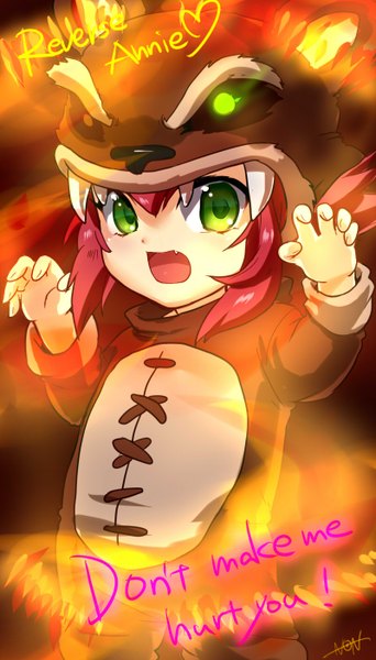 Anime picture 800x1400 with league of legends annie (league of legends) non (nonzile) single tall image looking at viewer short hair open mouth green eyes red hair girl suit
