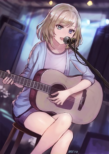 Anime picture 600x849 with idolmaster idolmaster cinderella girls takagaki kaede meto31 single tall image fringe short hair open mouth blue eyes brown hair sitting holding green eyes signed looking away bent knee (knees) indoors mole depth of field