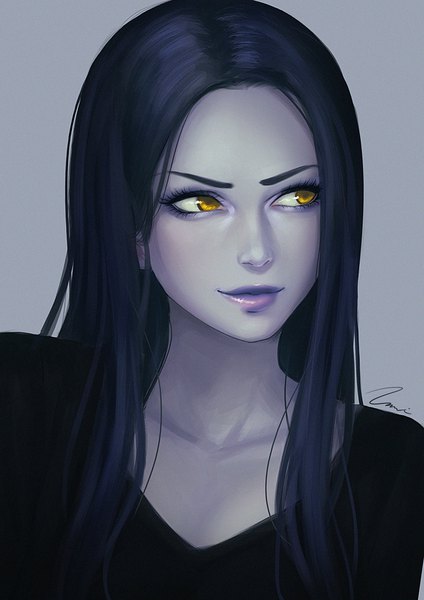Anime picture 724x1024 with overwatch blizzard entertainment widowmaker (overwatch) umigraphics single long hair tall image simple background signed yellow eyes blue hair looking away upper body light smile lips realistic grey background lipstick portrait eyebrows