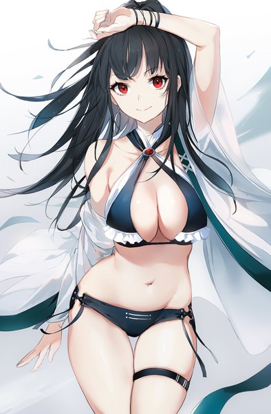 Anime picture 1000x1523 with original emyo single long hair tall image looking at viewer fringe breasts light erotic black hair simple background red eyes large breasts standing payot cleavage blunt bangs arm up off shoulder wide sleeves