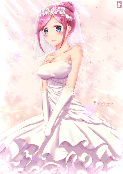 Anime picture 1500x2121 with go-toubun no hanayome nakano miku chinchongcha single long hair tall image blush breasts open mouth blue eyes light erotic large breasts bare shoulders payot pink hair cleavage hair flower hair bun (hair buns) girl dress