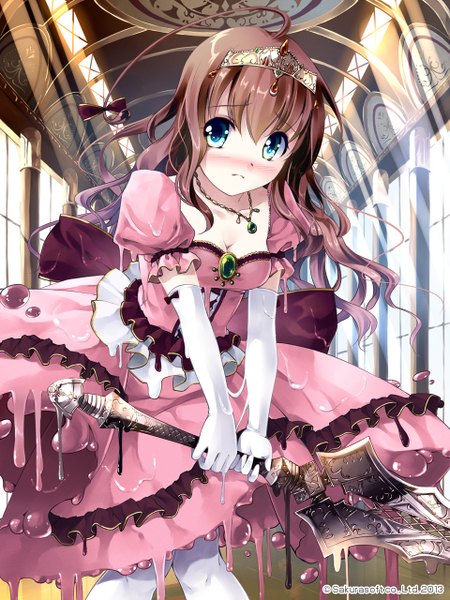Anime picture 960x1280 with original miyase mahiro single long hair tall image looking at viewer blush blue eyes brown hair girl dress gloves weapon sword elbow gloves pendant crown