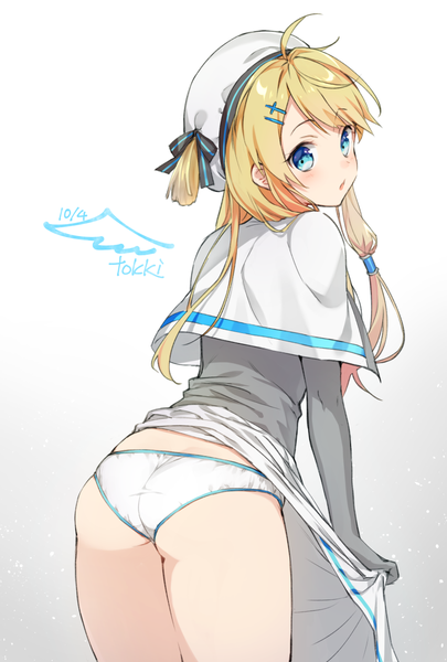 Anime picture 820x1214 with original tokki single long hair tall image looking at viewer blue eyes light erotic blonde hair simple background signed ahoge ass looking back from behind grey background :o gradient background dated fake wings