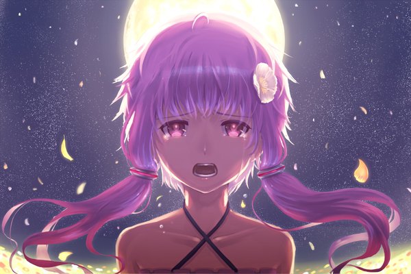Anime picture 1800x1200 with vocaloid yuzuki yukari ainoya single long hair looking at viewer fringe highres open mouth purple eyes twintails purple hair hair flower low twintails crying girl hair ornament flower (flowers) petals moon