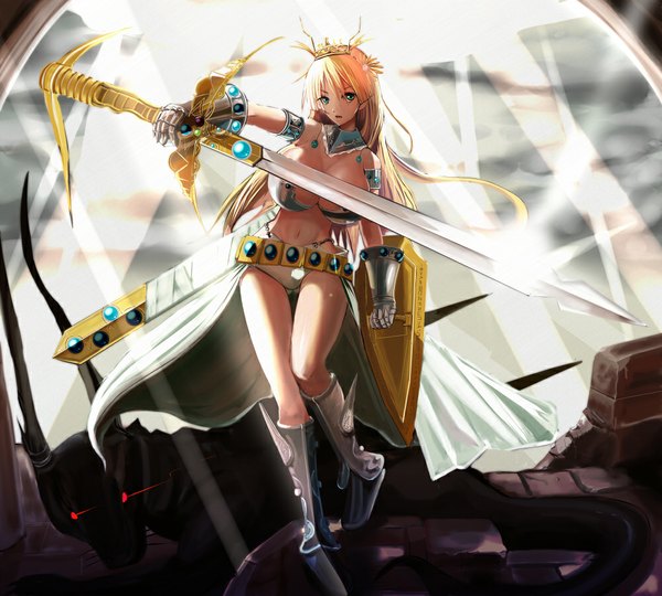 Anime picture 1000x900 with original nao (artist) single long hair fringe breasts open mouth light erotic blonde hair red eyes large breasts bare shoulders horn (horns) aqua eyes pointy ears glowing glowing eye (eyes) girl gloves navel