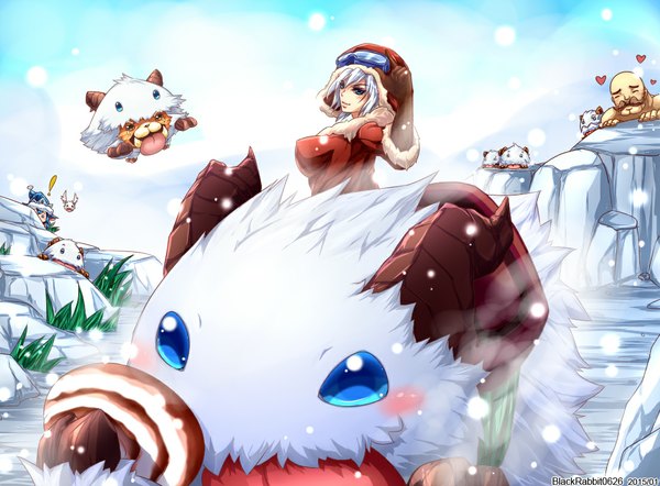 Anime picture 1104x814 with league of legends lulu (league of legends) poro (league of legends) sejuani (league of legends) braum (league of legends) gnar (league of legends) blackrabbit0626 long hair blush fringe short hair breasts blue eyes smile multiple girls blue hair silver hair horn (horns) snowing winter