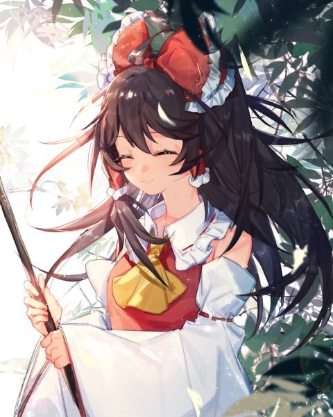Anime picture 1200x1500 with touhou hakurei reimu tian (my dear) single long hair tall image fringe black hair smile hair between eyes upper body eyes closed ^ ^ girl bow plant (plants) hair bow detached sleeves hair tubes ascot