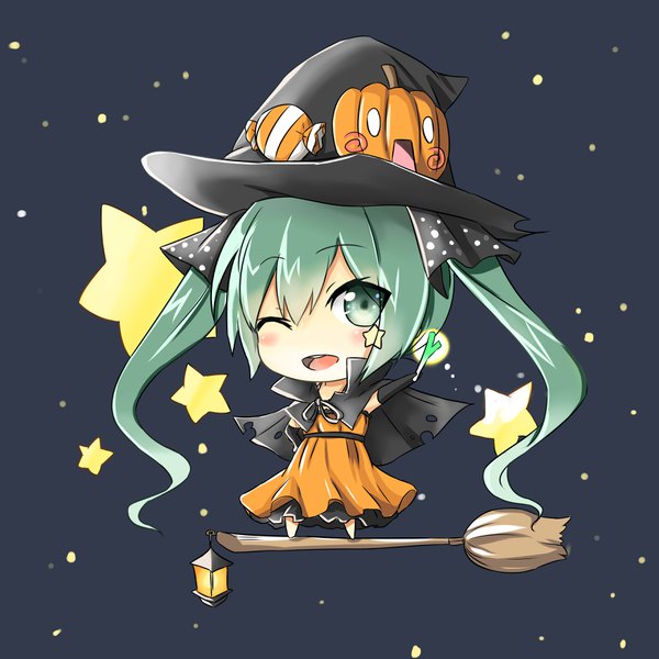 Anime picture 3507x3507 with vocaloid hatsune miku jeffrey10 single long hair looking at viewer blush highres open mouth twintails absurdres one eye closed aqua eyes aqua hair halloween chibi broom riding girl dress gloves