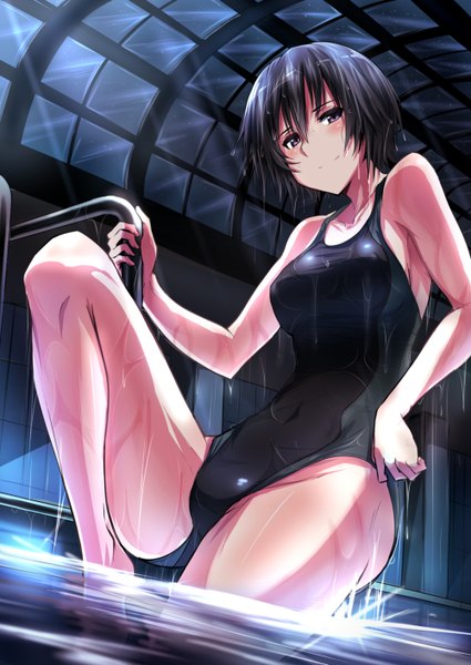 Anime picture 1000x1412 with amagami nanasaki ai ulrich (tagaragakuin) single tall image short hair light erotic black hair purple eyes girl swimsuit water one-piece swimsuit school swimsuit pool