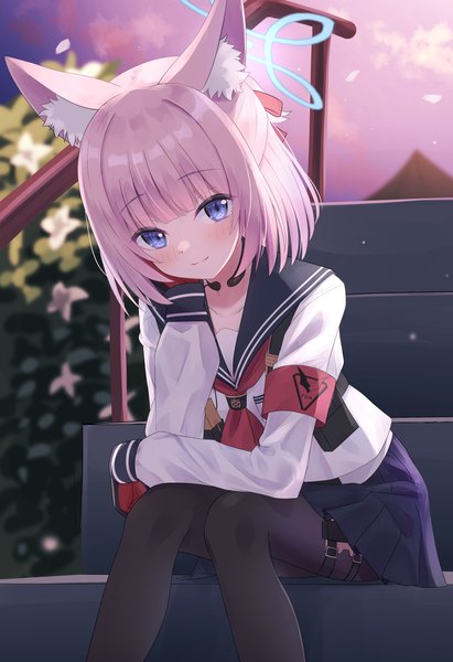 Anime picture 2634x3846 with blue archive niko (blue archive) cpk prd single tall image looking at viewer blush fringe highres short hair blue eyes sitting animal ears pink hair light smile fox ears half updo girl uniform pantyhose