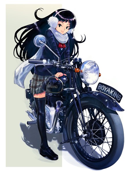 Anime picture 771x1000 with original boyaking(sbf) single long hair tall image black hair simple background smile full body wind black eyes shadow girl thighhighs uniform black thighhighs school uniform scarf sweater motorcycle