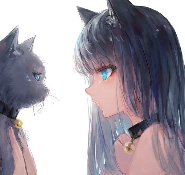 Anime picture 2088x1974 with original kisei2 single long hair blush fringe highres blue eyes black hair simple background hair between eyes white background bare shoulders holding animal ears looking away upper body profile cat ears cat girl