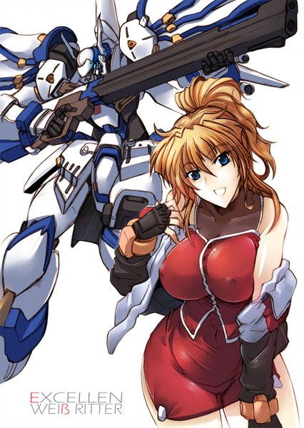 Anime picture 1241x1747 with super robot wars excellen browning weissritter haganef single long hair tall image looking at viewer breasts blue eyes light erotic simple background brown hair large breasts white background erect nipples covered nipples girl mecha