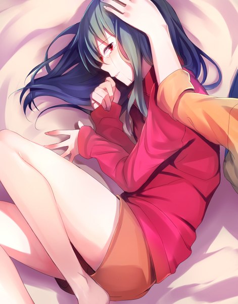 Anime picture 2480x3156 with kagerou project shaft (studio) kido tsubomi kano shuuya aki663 long hair tall image looking at viewer blush fringe highres red eyes lying profile barefoot green hair bare legs legs tears on side