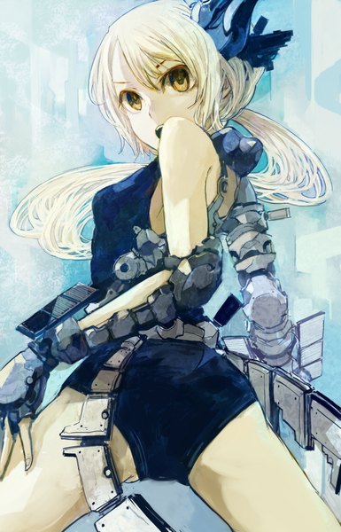 Anime picture 1285x2000 with shrimpman single long hair tall image highres open mouth simple background blonde hair twintails yellow eyes girl gloves elbow gloves armor fingerless gloves