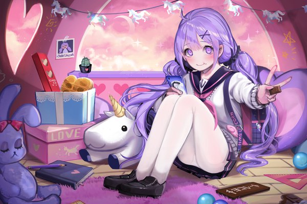 Anime picture 3000x2000 with azur lane unicorn (azur lane) unicorn (spring's present) (azur lane) guunhanchi single long hair looking at viewer blush highres light erotic sitting purple eyes twintails purple hair cloud (clouds) full body ahoge light smile sparkle character names