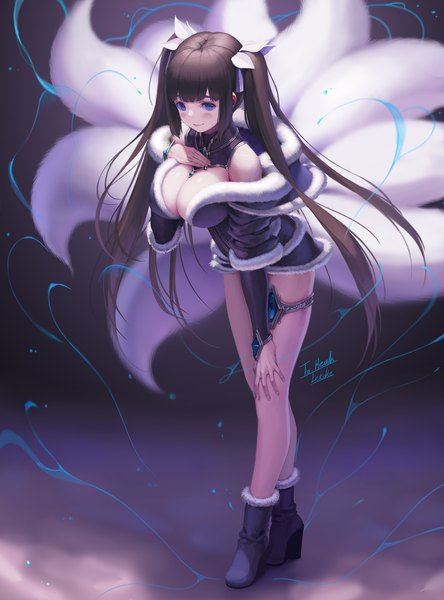 Anime picture 1480x2000 with dungeon ni deai wo motomeru no wa machigatteiru darou ka league of legends j.c. staff ahri (league of legends) hestia (danmachi) midnight ahri letdie1414 single long hair tall image looking at viewer blush fringe breasts blue eyes light erotic black hair simple background smile large breasts