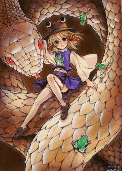 Anime picture 1071x1500 with touhou moriya suwako mishaguji mosho single tall image looking at viewer blush short hair open mouth blonde hair signed yellow eyes zettai ryouiki traditional media watercolor (medium) albino girl thighhighs hat