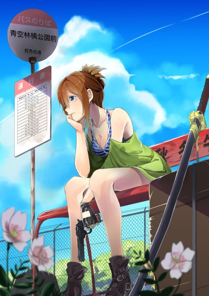 Anime picture 848x1200 with original hitotose hirune single tall image fringe breasts blue eyes brown hair sitting holding sky cloud (clouds) chin rest girl gloves flower (flowers) weapon plant (plants) sword boots