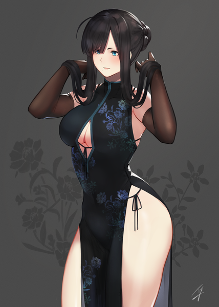 Anime picture 2381x3340 with original hayabusa single long hair tall image blush fringe highres breasts blue eyes light erotic black hair simple background large breasts standing bare shoulders signed payot looking away cleavage