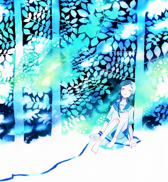 Anime picture 1706x1851 with original yoshida yoshitsugi single long hair tall image blush highres sitting blue hair eyes closed barefoot night night sky sleeping girl uniform ribbon (ribbons) plant (plants) school uniform tree (trees)