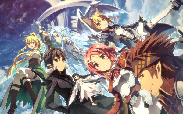 Anime picture 2560x1600 with sword art online a-1 pictures yuuki asuna kirigaya kazuto asada shino leafa silica yui (sao) lisbeth asuna (sao-alo) pina (sao) ryoutarou tsuboi yuuki tatsuya long hair highres short hair blue eyes black hair blonde hair red eyes