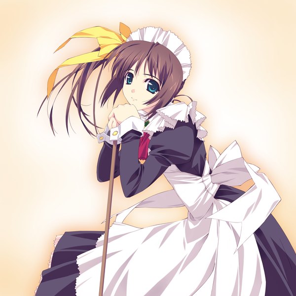 Anime picture 1736x1736 with murakami suigun single looking at viewer highres short hair simple background brown hair aqua eyes light smile maid yellow background girl bow hair bow apron bonnet