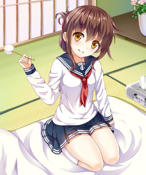 Anime picture 1200x1440 with kantai collection inazuma destroyer hakuda tofu single tall image looking at viewer blush short hair smile brown hair brown eyes girl skirt socks white socks sailor suit