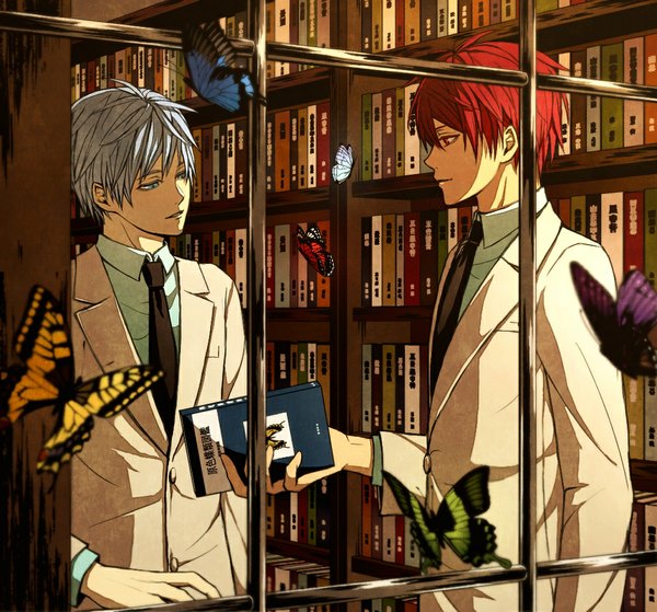 Anime picture 1040x970 with kuroko no basket production i.g kuroko tetsuya seijuro akashi yukikaze (artist) short hair open mouth blue eyes red eyes standing holding blue hair red hair indoors profile multiple boys hieroglyph boy uniform school uniform