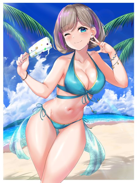 Anime picture 2756x3679 with hello!!! love live! sunrise (studio) love live! tang keke rama (yu-light8) single tall image looking at viewer blush fringe highres blue eyes light erotic smile standing holding sky cloud (clouds) outdoors head tilt