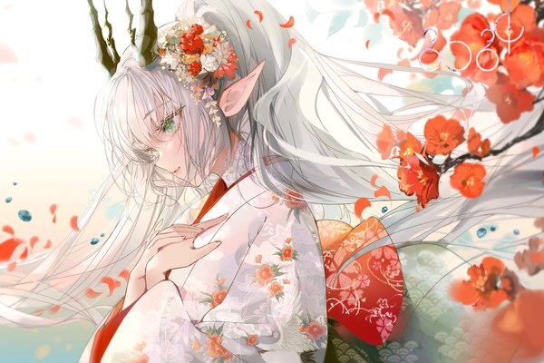 Anime picture 1575x1050 with original kinokohime single long hair fringe hair between eyes green eyes looking away upper body white hair traditional clothes japanese clothes hair flower horn (horns) pointy ears floral print hand on chest new year hands clasped dragon girl