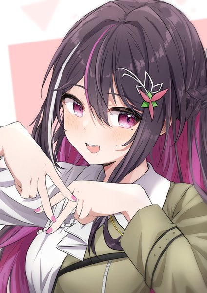 Anime picture 5069x7165 with virtual youtuber hololive azki (hololive) azki (4th costume) (hololive) morupeusu single long hair tall image fringe highres open mouth black hair hair between eyes purple eyes absurdres purple hair upper body nail polish :d multicolored hair