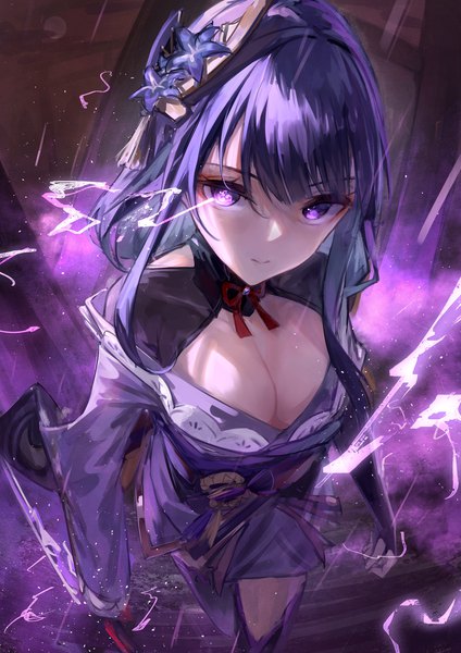 Anime picture 2480x3508 with genshin impact raiden shogun yu hydra single long hair tall image looking at viewer highres breasts light erotic large breasts purple eyes cleavage purple hair from above electricity girl