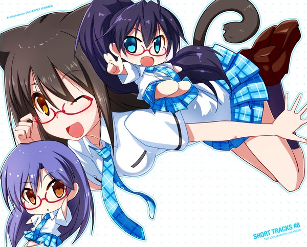 Anime picture 1920x1550 with idolmaster idolmaster cinderella girls puchimasu! kisaragi chihaya ganaha hibiki kamijou haruna sagamihara sakyou long hair highres open mouth blue eyes black hair brown eyes animal ears blue hair one eye closed wink cat ears cat girl cat tail