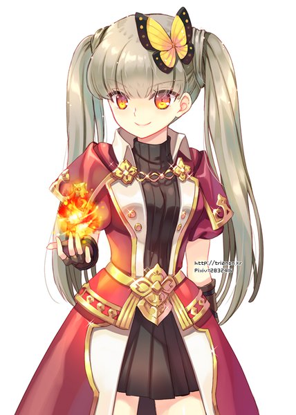 Anime-Bild 600x840 mit tree of savior pyromancer (tree of savior) trianon single long hair tall image fringe simple background red eyes standing white background twintails looking away silver hair blunt bangs multicolored eyes girl gloves hair ornament fingerless gloves