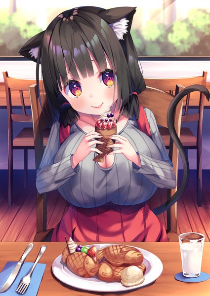 Anime picture 2508x3541 with original asa no ha single tall image looking at viewer blush fringe highres short hair light erotic black hair smile red eyes sitting twintails holding animal ears indoors tail blunt bangs