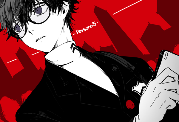 Anime picture 1800x1224 with persona 5 persona amamiya ren saharan single fringe highres short hair black hair hair between eyes holding looking away grey eyes copyright name turning head red background boy uniform school uniform glasses